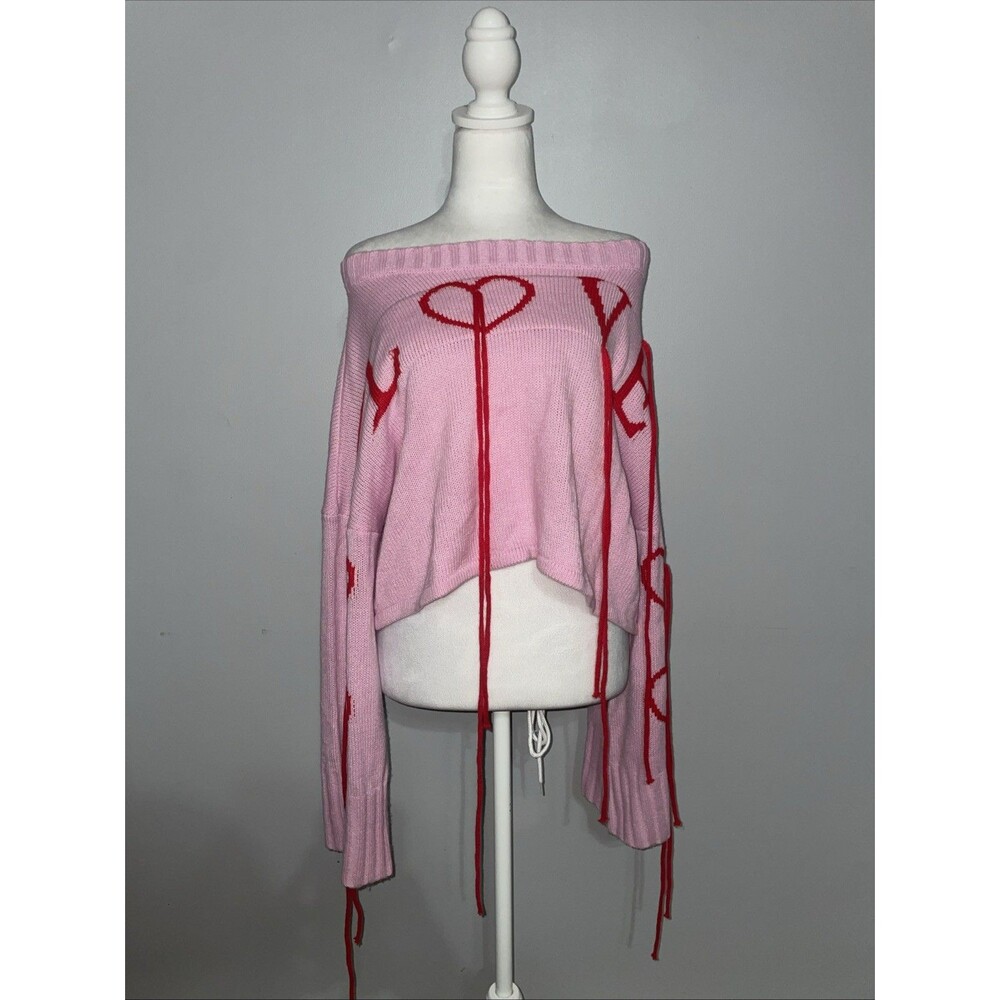 Missguided Pink Love Sweater Size M Cropped Heart Fringe Yarn Valentines